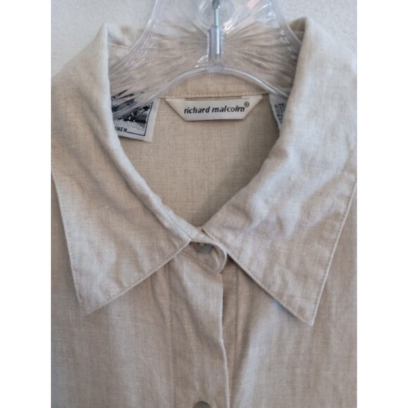 Richard Malcom Irish Linen Button Up Top Women M. Beige Floral Embordered Sleeve - Picture 3 of 15